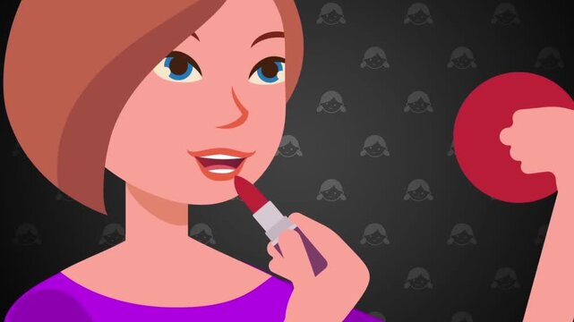 2D animation close up of a woman applying red lipstick looking into a pocket compact mirror makeup routine concept