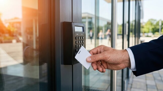 Hand of businessman holding white proximity rfid card and tapping on electronic keypad card reader at office building entrance for secure access, modern smart security system for office workplace