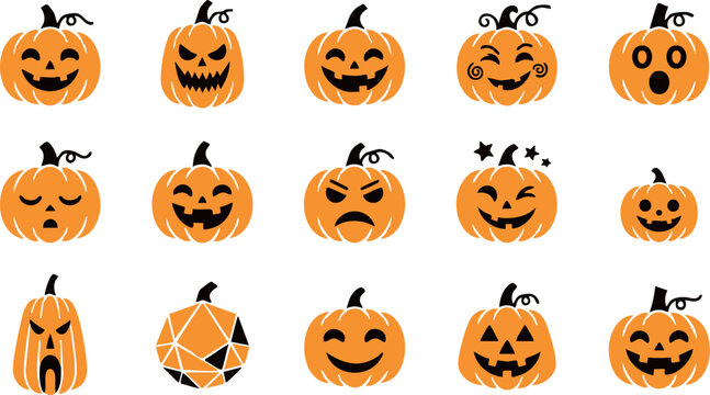 Collection of various hand drawn pumpkin jack o lantern faces for halloween decorations and festive design projects