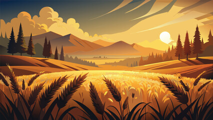 Golden wheat field at sunset under mountain landscape with mountains landscape agriculture sunlight countryside background environment peaceful wheatfield farmland © Joy Dev