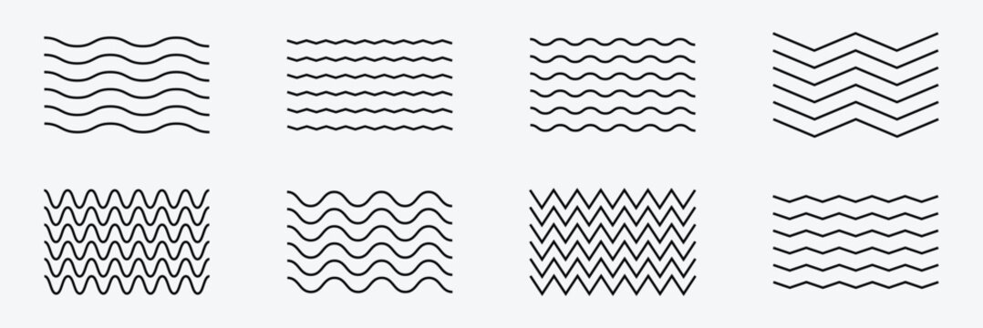 Wave line and wavy zigzag pattern lines. vector black underlines, geometric decoration element. smooth end squiggly horizontal, squiggles on white background. 