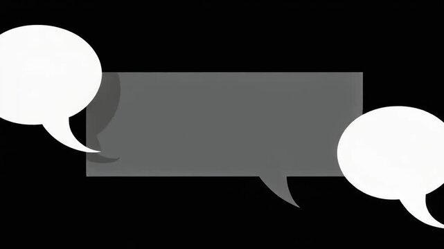 Chat speech bubble animation with minimalist design. Three animated dialogue boxes appearing on black background. Useful for messaging, social media, and digital communication visuals.