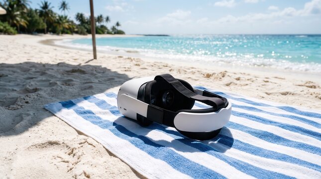 VR headset on beach towel by ocean with palm trees
