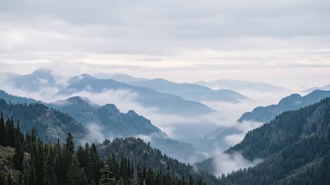 Thick fog rolling over pine-covered mountain peaks during a serene morning