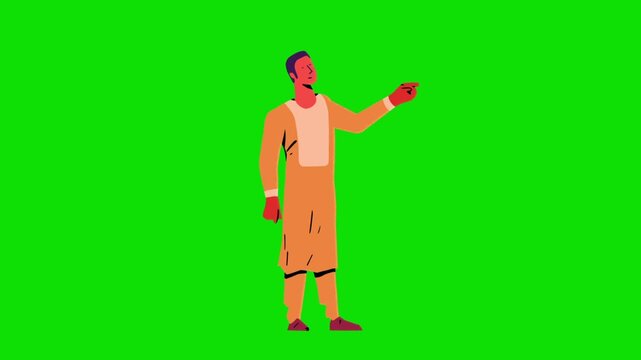 Cartoon Man in Orange Tunic Pointing Gesture on Green Screen Animation