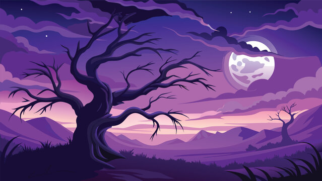 Dark gothic landscape with spooky bare tree under full moon night sky landscape silhouette mountains halloween mysterious background illustration dramatic midnight twilight branches
