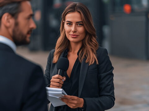 Determined Journalist Captivating Live Audience with Bold Microphone in Urban Newsroom, Radiating Passion and Authority