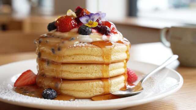 Thick Fluffy Japanese Souffl&eacute; Pancakes Topped with Fresh Berries, Cream and Pouring Sweet Maple Syrup