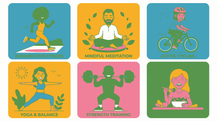 Fototapeta premium Set of six vibrant flat illustrations depicting healthy lifestyle activities and fitness routines.