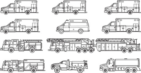 Obraz premium Set of emergency vehicle line art illustrations featuring ambulances and fire trucks in side profile view