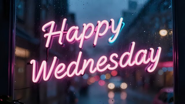 Pink neon Happy Wednesday sign glowing on a window with blurred rainy city street background at night