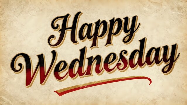Happy Wednesday typographic greeting in retro script font on textured vintage parchment paper background