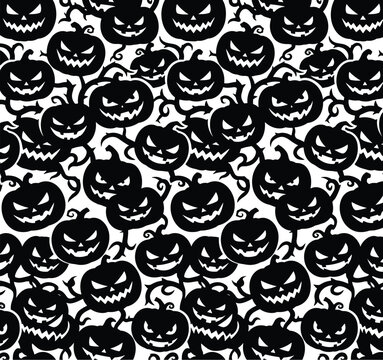 Seamless Halloween pattern with spooky black and white Jack-o'-lantern pumpkins and vines for festive backgrounds