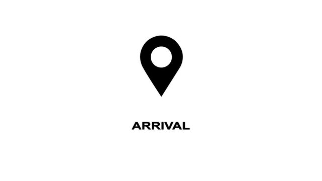 Black arrival pin icon with the word ARIVAL centered below on a white background marker navigation