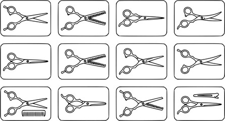 Obraz premium Set of 12 Black and White Line Art Icons of Various Hairdressing Scissors and Comb