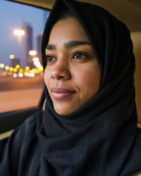 Confident Young South Asian Woman Joyfully Navigating Urban Streets in a Sleek Electric Vehicle, Embracing Freedom and Empowerment with a Beaming Smile