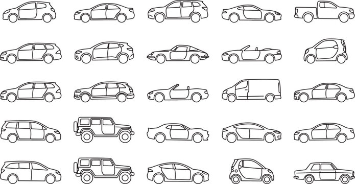 Set of various car body types in side view outline style for automotive design and transportation icons