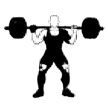 Dotted weightlifter silhouette. Abstract vector illustration of a man lifting a barbell in black and white halftone pattern style
