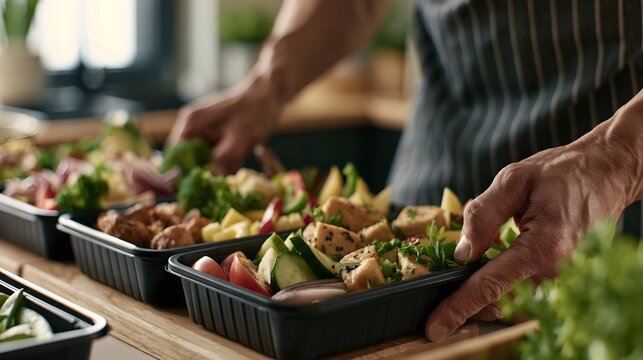 A person assembling fresh vegetable and chicken meals into black takeout containers on a wooden countertop