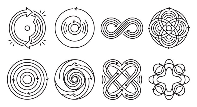 Abstract circular and infinity loop designs with flowing arrow patterns.