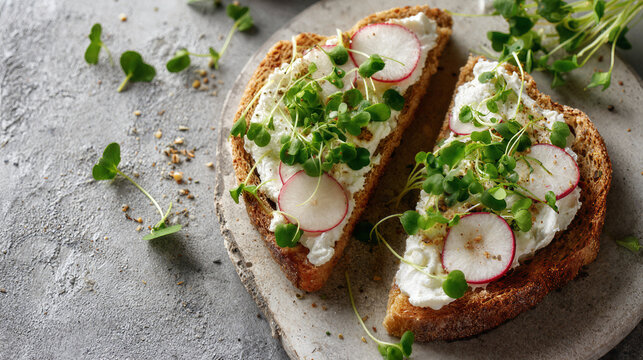 Healthy cream cheese toast with radish and microgreens on rustic bread
