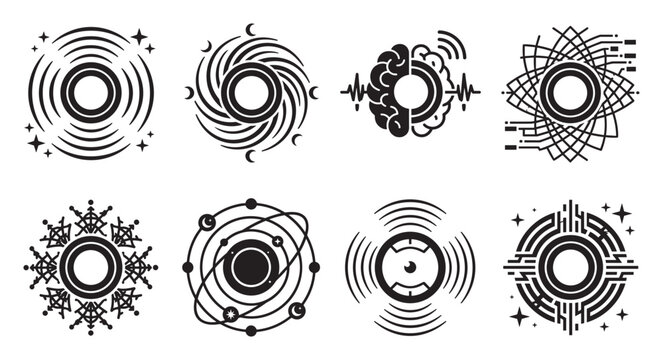 Abstract circular concentric circles with stars and lines outer space nebula.