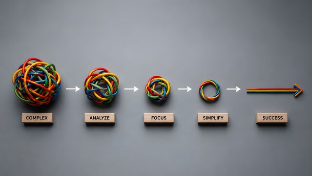 Business process optimization concept with tangled wire transforming into straight arrow featuring complex to success workflow stages