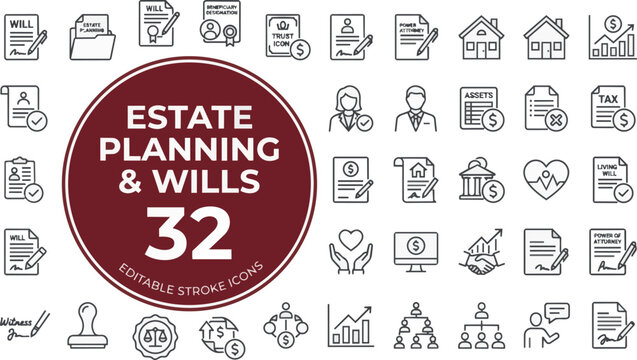 Comprehensive estate planning and legal wills line icon on transparent background Editable Stroke.