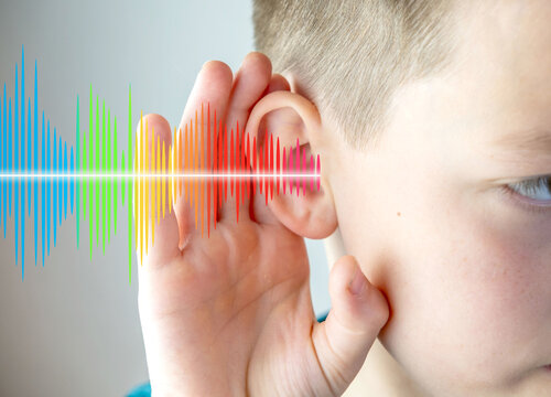 Closeup caucasian small childs ear, sound wave, Hearing Test, ringing or buzzing sensation, Auditory impairment, tinnitus, Inflammation middle ear, acoustic trauma