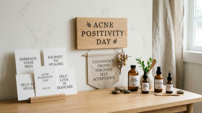 Natural skincare products and positive affirmation cards for Acne Positivity Day on August 21 showcasing serums and cleanser on a wooden table to promote self love and skin healing for wellness