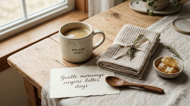 Rustic wooden table holds a ceramic coffee mug with golden habit text alongside honeycomb and an inspirational note near a window. Elegant morning aesthetic creates a peaceful start for daily ritual.