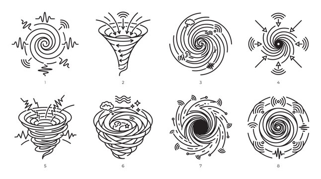 Abstract vortex and tornado icons with energy waves and arrows.