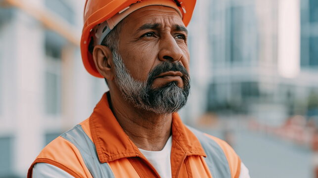 Dedicated Middle-aged Man in Hard Hat and Safety Gear, Overseeing Construction Project with Intent Focus and Strong Determination