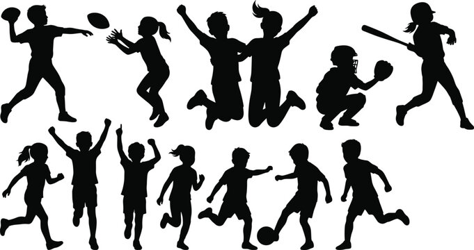 Set of black silhouettes featuring active children playing various sports, running, jumping, and exercising together
