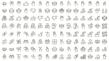 Fototapeta premium Collection of hand gesture line icons including thumbs up, pointing, and holding hands.