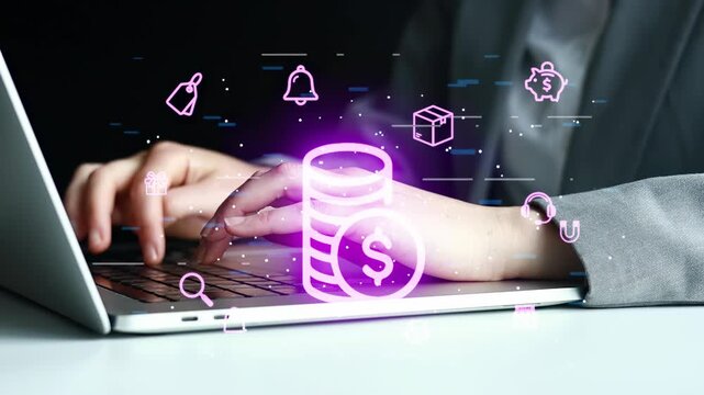 A person is using a laptop to engage in online financial activities. Various digital icons related to finance appear around the screen. This scene shows technology in action.