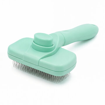 Generic self-cleaning pet slicker brush isolated on white.