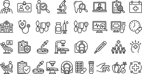Fototapeta premium Medical and health checkup icons set, healthcare line vector symbols