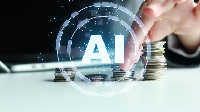 A hand is reaching towards a stack of coins on a table. The letters AI are shown in the center as part of a graphic element. The setting feels modern and relates to finance.