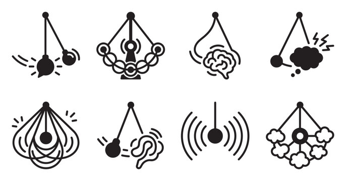 Pendulum swinging with abstract energy, brain, and cloud icons.