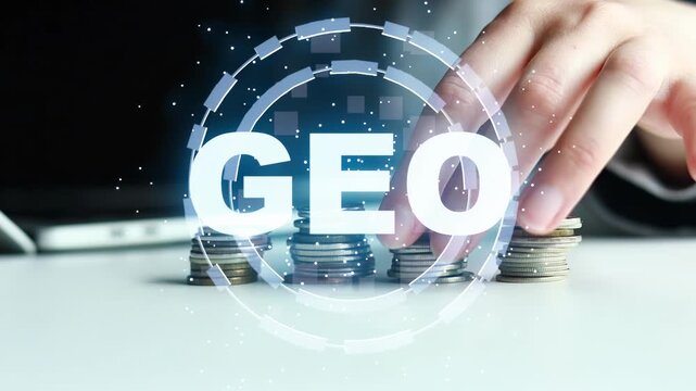 In a business setting, a person uses their hand to place coins on a white table. The word GEO appears in large letters with digital graphics.