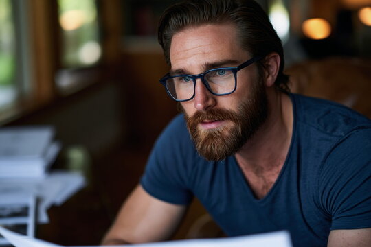 Diligent Male Entrepreneur Analyzing Market Trends in Sophisticated Urban Office, Exuding Confidence and Purpose