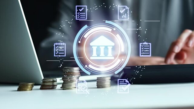 A workspace shows stacks of coins next to a laptop. Above the coins, digital icons represent banking and finance tasks. Someone is typing on the laptop.