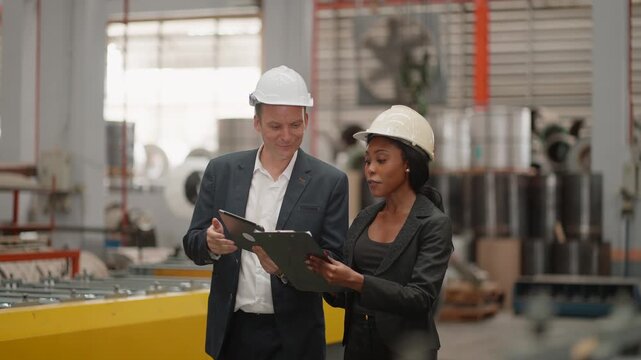 Business executive and female industrial engineer review factory production systems, analyzing machinery performance, solving manufacturing issues, discussing expansion investments, improving operatio