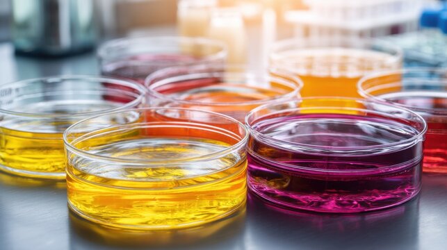 Colorful Petri Dishes with Various Liquids in Laboratory Setting, Vibrant Science Experiment with Bright Solutions, Laboratory Equipment, Science Concept