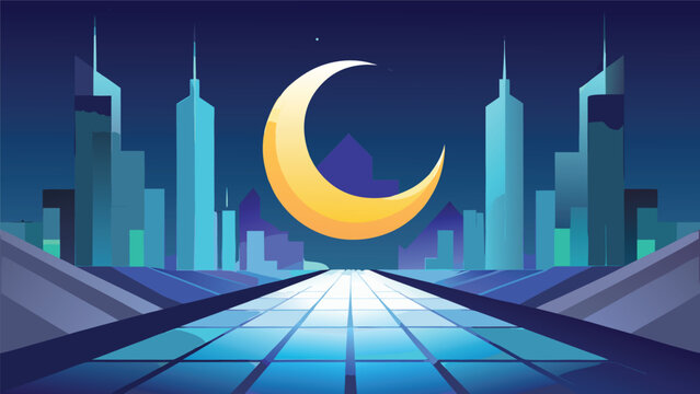Futuristic cityscape at night with a large glowing crescent moon above an illuminated path crescent futuristic architecture buildings technology landscape nighttime reflection graphics