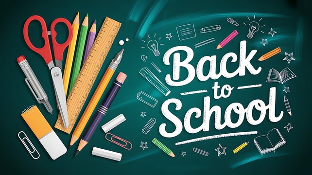 Back to school supplies on chalkboard background