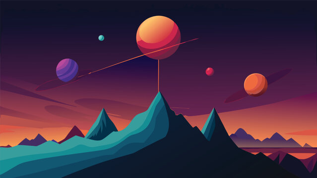 Fantasy planet landscape with saturn style ring planet landscape mountains ringedplanet astronomy universe exploration outerspace twilight colorful environment atmospheric abstract