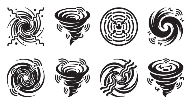 Swirling vortex and tornado icons with energy waves and arrows.