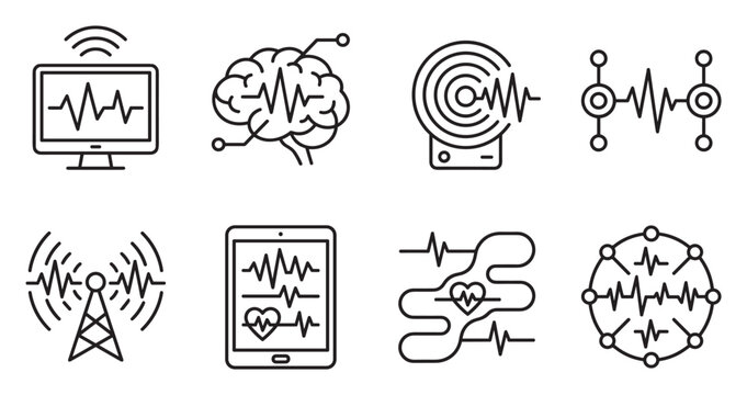 Technology and healthcare icons featuring monitor brain waves and signals.